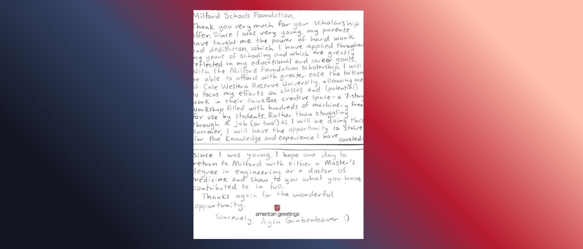 handwritten thank you note to the Milford Schools Foundation